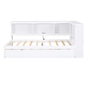 HoRunzelin Twin Size Daybed with Trundle, Storage Cabinets and Charging Station, Pine Wood L Shaped Bookcase Bed Platform Bed with Shelves for Kids Boys Girls, White