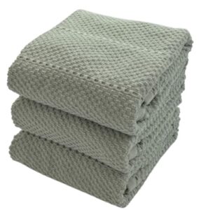 sage green kitchen dish towels: 100% cotton cloth soft cleaning drying absorbent textured terry loop, set of 3 multipurpose for everyday use