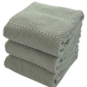 Sage Green Kitchen Dish Towels: 100% Cotton Cloth Soft Cleaning Drying Absorbent Textured Terry Loop, Set of 3 Multipurpose for Everyday Use