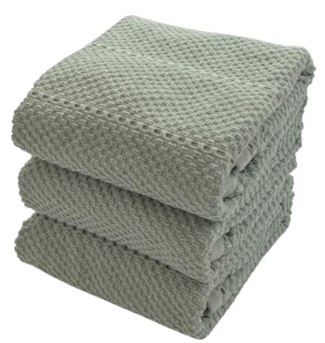 Sage Green Kitchen Dish Towels: 100% Cotton Cloth Soft Cleaning Drying Absorbent Textured Terry Loop, Set of 3 Multipurpose for Everyday Use