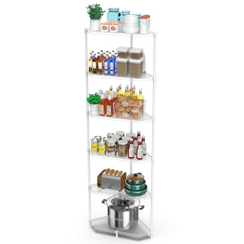 6 Tier NSF Corner Wire Shelf Shelving Unit, 20 x 20 x 72 Inch 600lbs Capacity Heavy Duty Adjustable Metal Storage Rack with Leveling Feet & Shelf Liners for Office Kitchen Bathroom and More - White