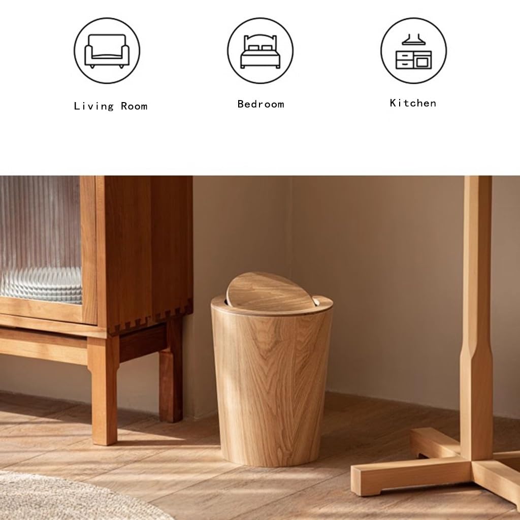 MOOTEK Round Wood Trash Can with Lid, Japanese-Style Natural Wood Garbage Recycling Bin, Wood Waste Bin with Swing Lid, for Bathrooms, Powder Room, Kitchen, Home Office