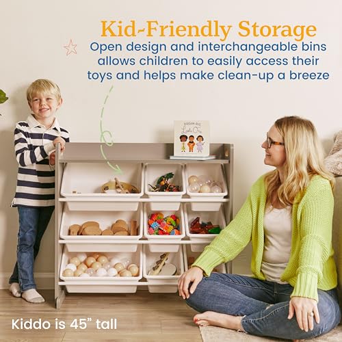 ECR4Kids 3-Tier Organizer with Shelf and 9 Bins, Toy Storage, Grey/White