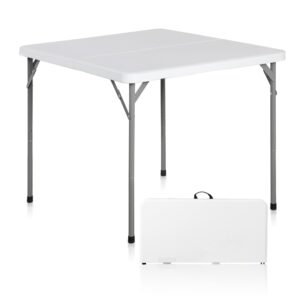 super deal 3 foot square folding card table, indoor outdoor portable plastic heavy duty fold-in-half kitchen or camping picnic party table with carrying handle, white