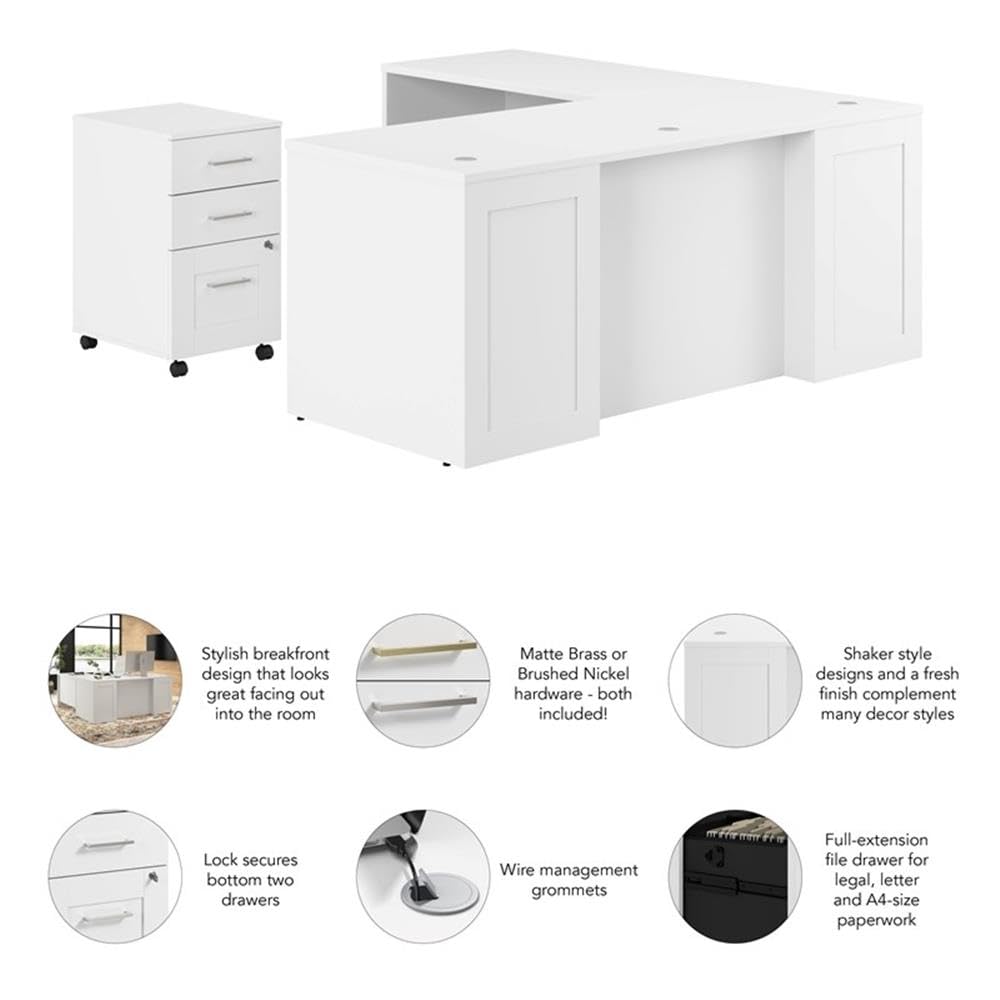 Bush Business Furniture Hampton Heights 72W x 30D Executive L-Shaped Desk with 3 Drawer Mobile File Cabinet in White | Storage for Home Office Workspace