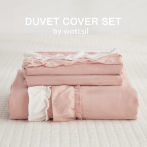 Wotcsil Pink Ruffle Bedding Set for Women Girls Ruffled Full Duvet Cover Set Plain Duvet Cover Shabby Chic Double-Layer Frill Edge Design with Pillowcases, White Pink