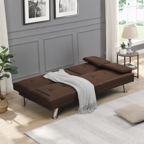 Convertible Folding Futon Sofa Bed Sleeper Couch for Living Room, Modern Faux Leather Upholstered Loveseat w/Removable Armrests, Metal Legs, 2 Cup Holders, Love Seat Sofa Bed for Small Spaces (Brown)