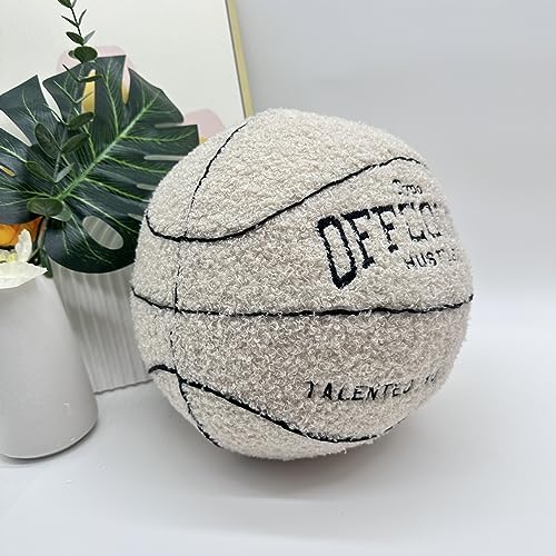 Tezimjia 2023 New Offcourt Basketball Pillow,11" Basketball Shaped Pillow Teddy Fleece Embroidered Basketball Throw Pillow Fuzzy Plush Toy Gifts for Kids Boys Girls (Beige)