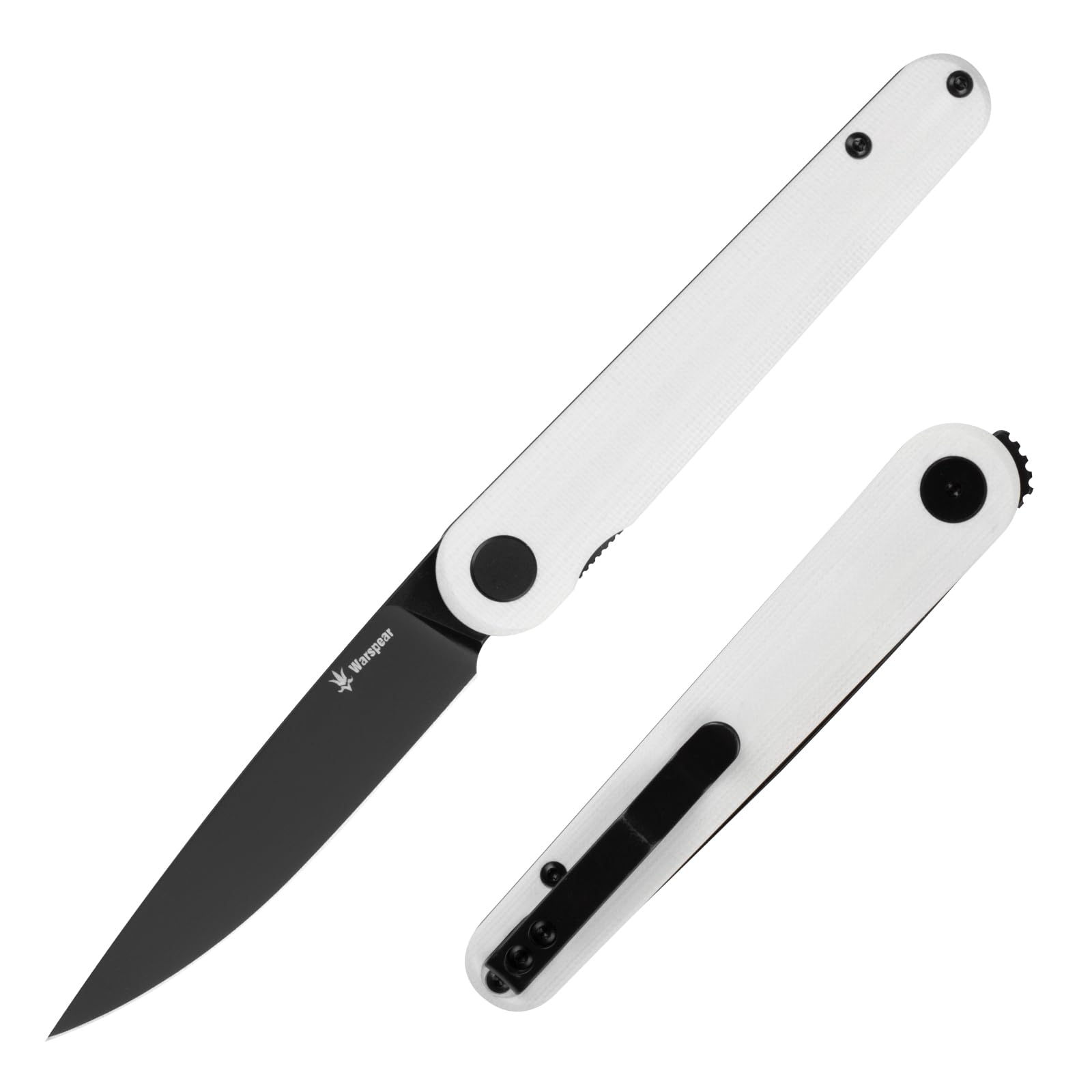 Warspear Terima Front Flipper Folding Knife 3.5" Black PVD D2 Blade White G10 Handle Camping Pocket Knife With Deep Carry Clip Outdoor EDC WP901WH