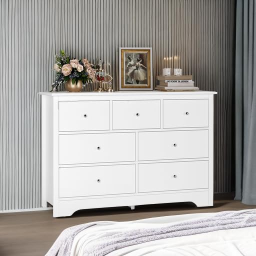 FOTOSOK White Dresser 7 Drawer with 19'' Deeper Depth, 47.2'' White Chest of Drawers Modern Dresser with Metal Handles, White Dresser Chest of Drawers with Large Drawer Storage Space for Home