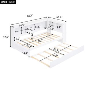 HoRunzelin Twin Size Daybed with Trundle, Storage Cabinets and Charging Station, Pine Wood L Shaped Bookcase Bed Platform Bed with Shelves for Kids Boys Girls, White