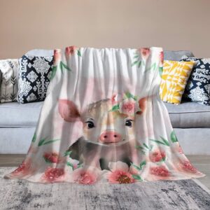 Floral Pig Blanket for Girl Boys Pink Pig Gifts Pig Blanket for Couch Sofa Bed Soft Warm Flannel Fleece for Kids Adult 40"x50"