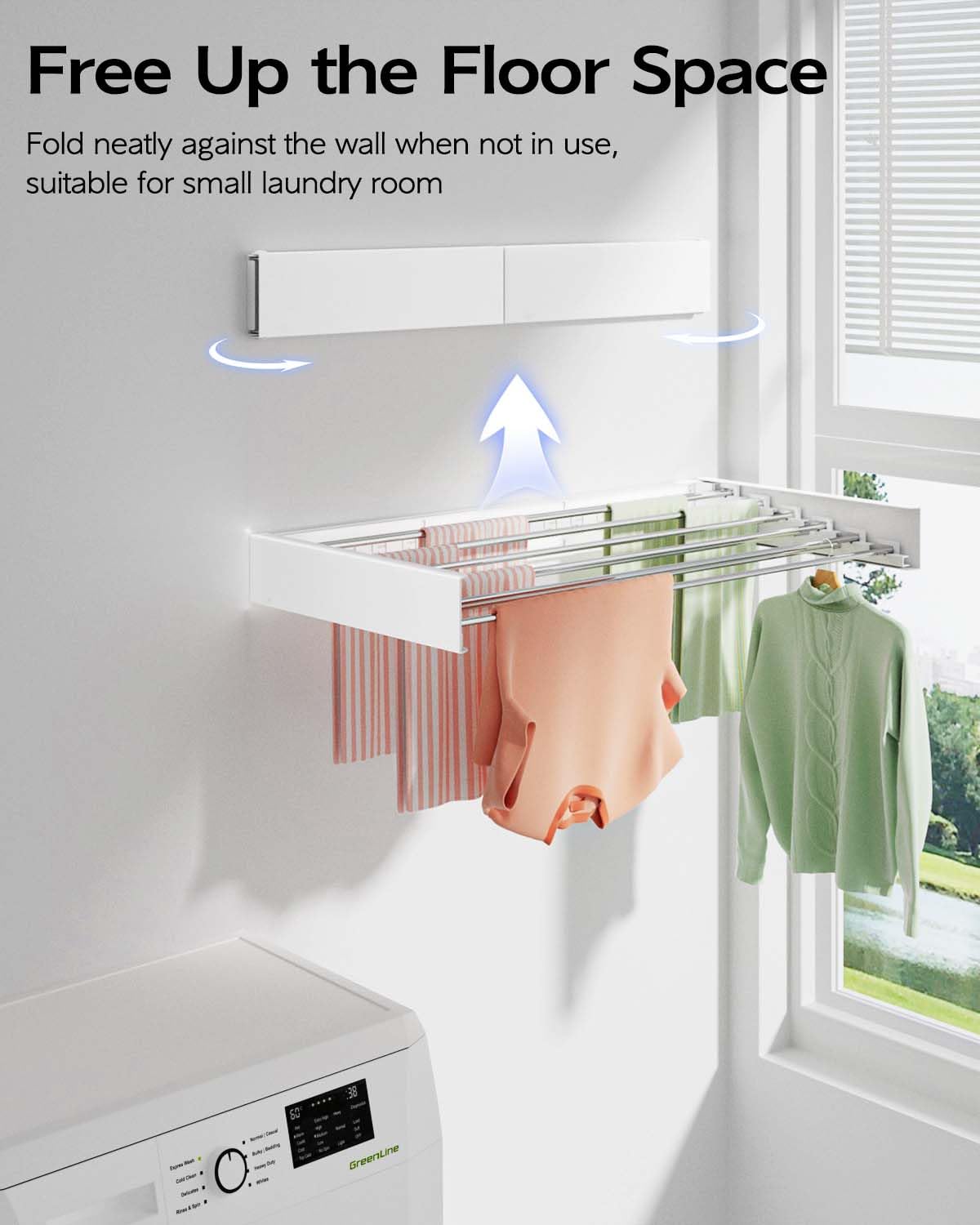 Vikaqi Wall Mounted Clothes Drying Rack 40 inches, Foldable Wall Mount Laundry Drying Rack Folding Indoor, Drying Rack Clothing Collapsible, Towel Drying Rack with Wall Template, 6 Rods, White