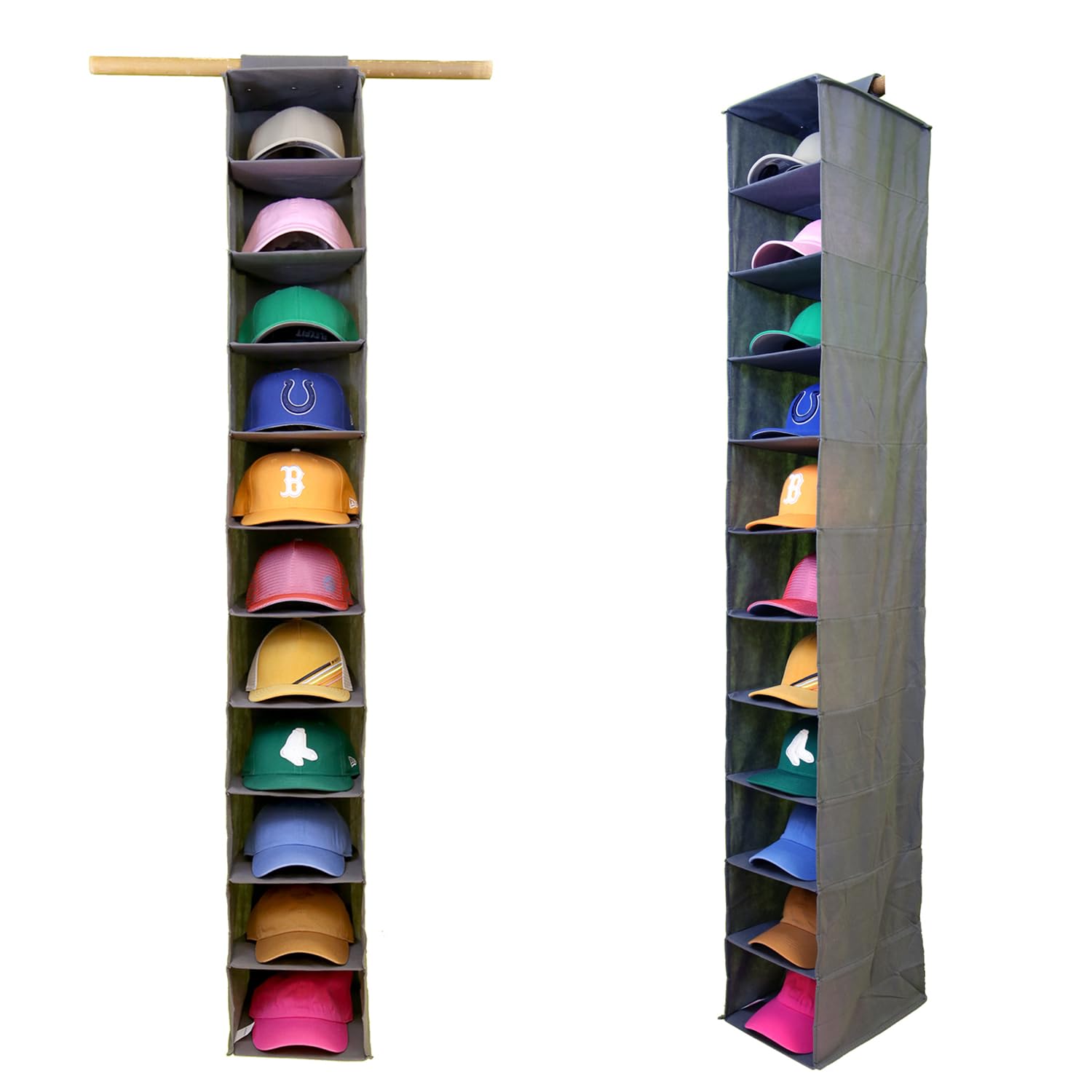 Perfect Curve 11-Pocket Closet Cap Organizer. 11 Shelf Hanging Closet Hat Organizer for Baseball Caps - Hat Storage For Up To 100 Caps - Baseball Hat Organizer - Gray