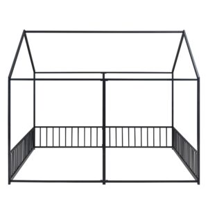 Harper & Bright Designs Twin House Bed for 2 Kids, Double Shared Size Kids Beds, Metal Twin Size Bed Frame, Montessori Floor Kids,Teens, Boys & Girls, Can Be Decorated Tent (Double Twin, Black)