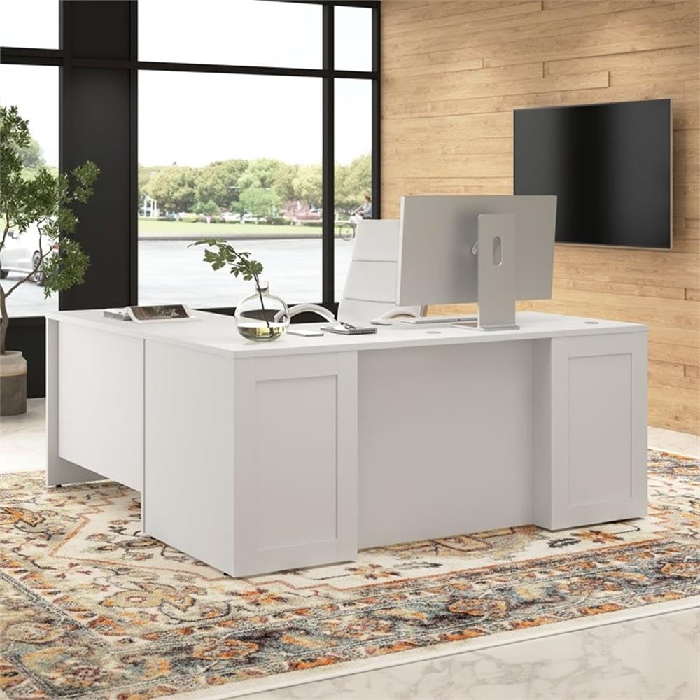 Bush Business Furniture Hampton Heights 72W x 30D Executive L-Shaped Desk with 3 Drawer Mobile File Cabinet in White | Storage for Home Office Workspace