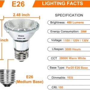 Vinaco PAR20 Flood Light Bulb, 6 Pack PAR20 Flood 39W 120V 480 Lumens (PAR20 50W Equivalent), Long Lifespan Halogen 39W PAR20 Dimmable with Warm White 2800K, PAR20 Halogen Flood Light with PAR20 E26