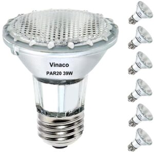 vinaco par20 flood light bulb, 6 pack par20 flood 39w 120v 480 lumens (par20 50w equivalent), long lifespan halogen 39w par20 dimmable with warm white 2800k, par20 halogen flood light with par20 e26