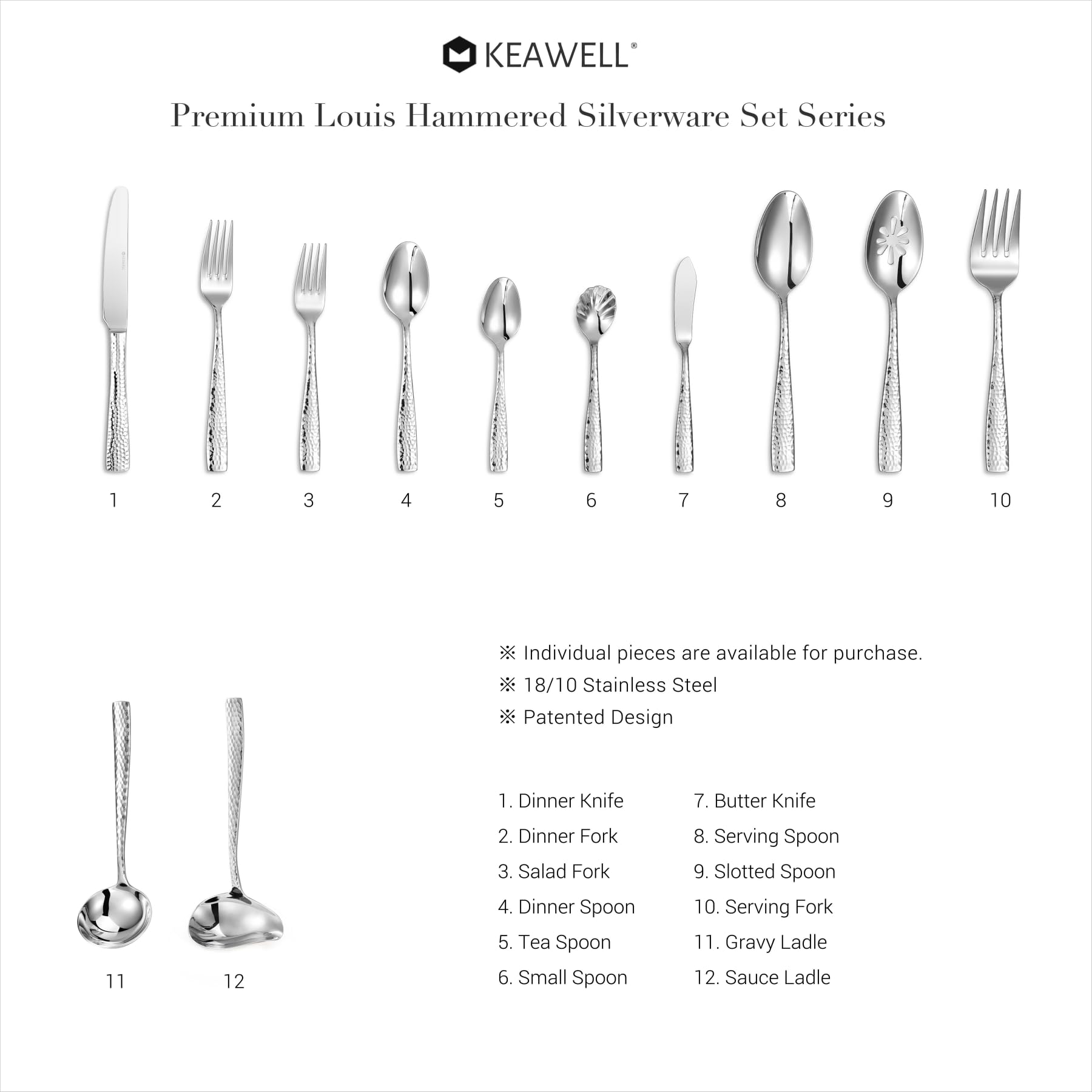 KEAWELL Premium Louis Hammered Serving Spoons, 18/10 Stainless Steel, Fine Spoon Set with Squared Edge, Dishwasher Safe, Silver Serving utensils (Hostess Serving Utensil Set)