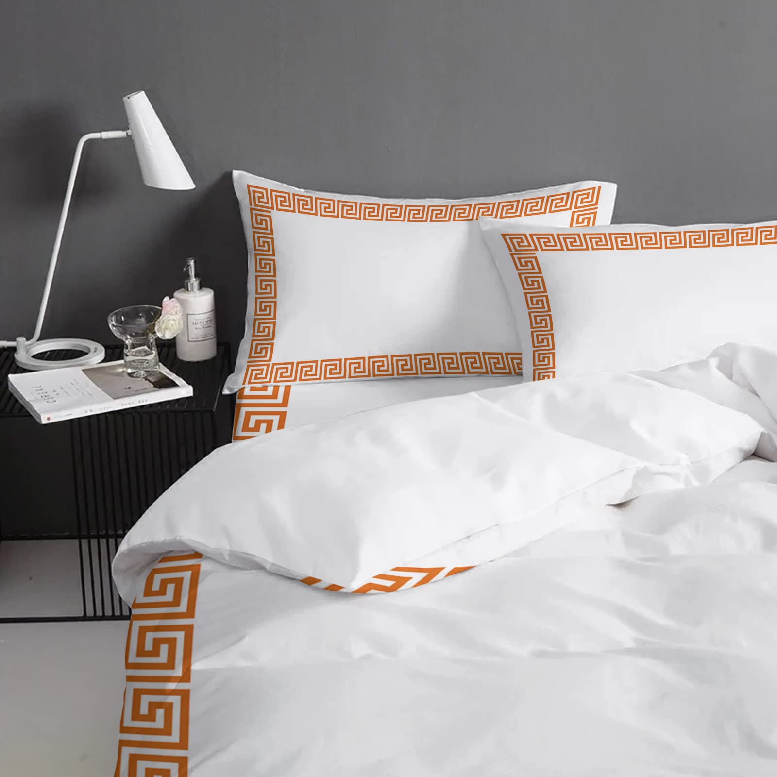 Minimalist Orange Duvet Cover Set Queen Size,Microfiber Soft Comforter Quilt Duvet,Patterned Bed Duvet+Cover with Flat Sheet,Pillowcases,Zipper Closure,White Traditional Greece European Greek Art