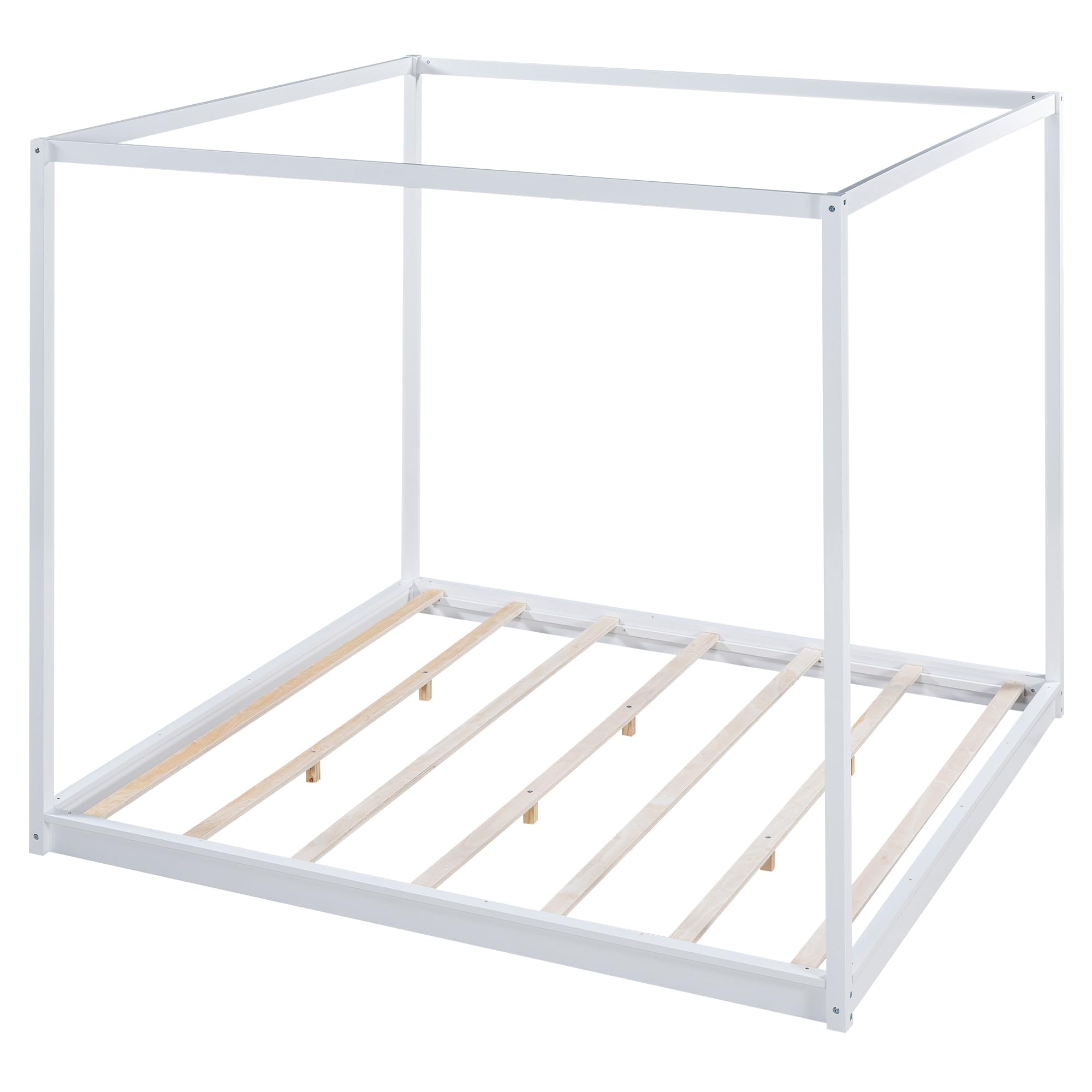 King Size Canopy Bed Frame, Wood Floor Bed with 4 Poster and Wooden Slats Support, No Box Spring Needed, White