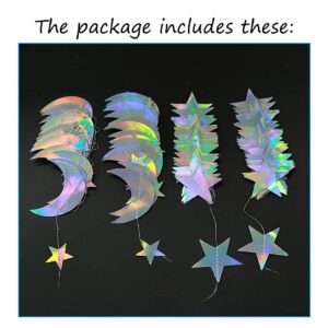 Abien Moon Star Garland Decorations Holographic Hanging Decor Party Streamers Silver Twinkle Star Banner Backdrop for Baby Shower Birthday Wedding Engagement Disco Sparkly Party Decorations 4PCS