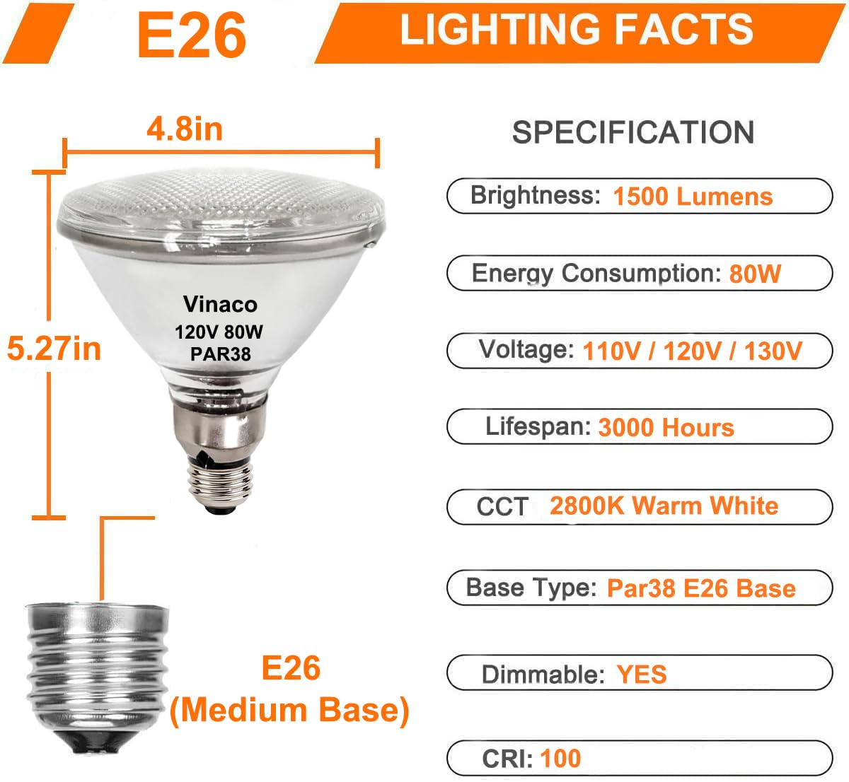 Vinaco PAR38 Flood Llight Bulbs, 4 Pack High Output PAR38 Halogen Flood Light 80W 120V, PAR38 Halogen Dimmable, CRI100 PAR38 Warm White 2800K, Halogen PAR38 Bulb with E26 Base for Indoor/Outdoor