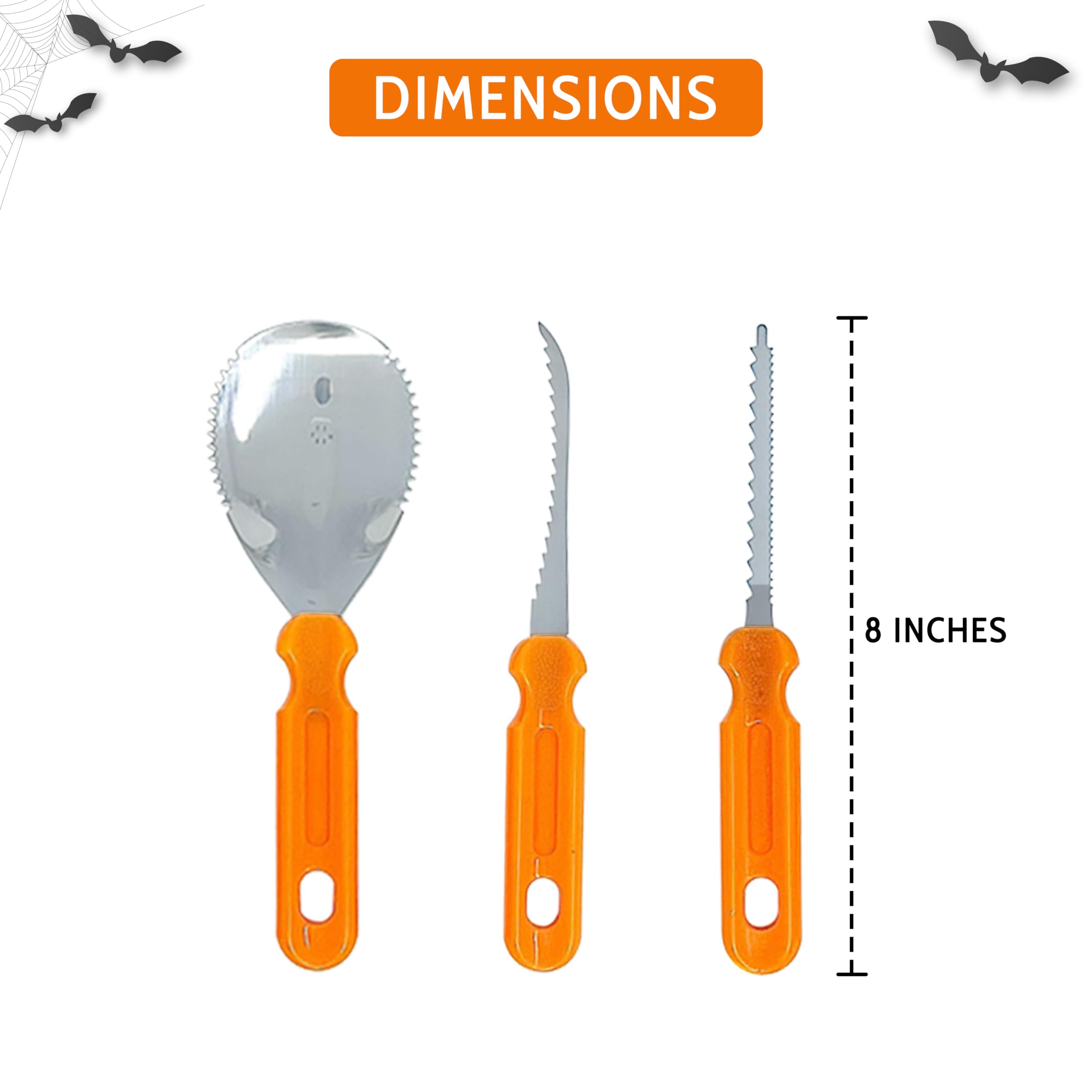 Pumpkin Carving Kit – Stainless Steel tools including 2 serrated Knives and 1 Scoop for scraping – Professional Heavy Duty Pumpkin Carving Kit for beginners and pros for Halloween Door Decorations