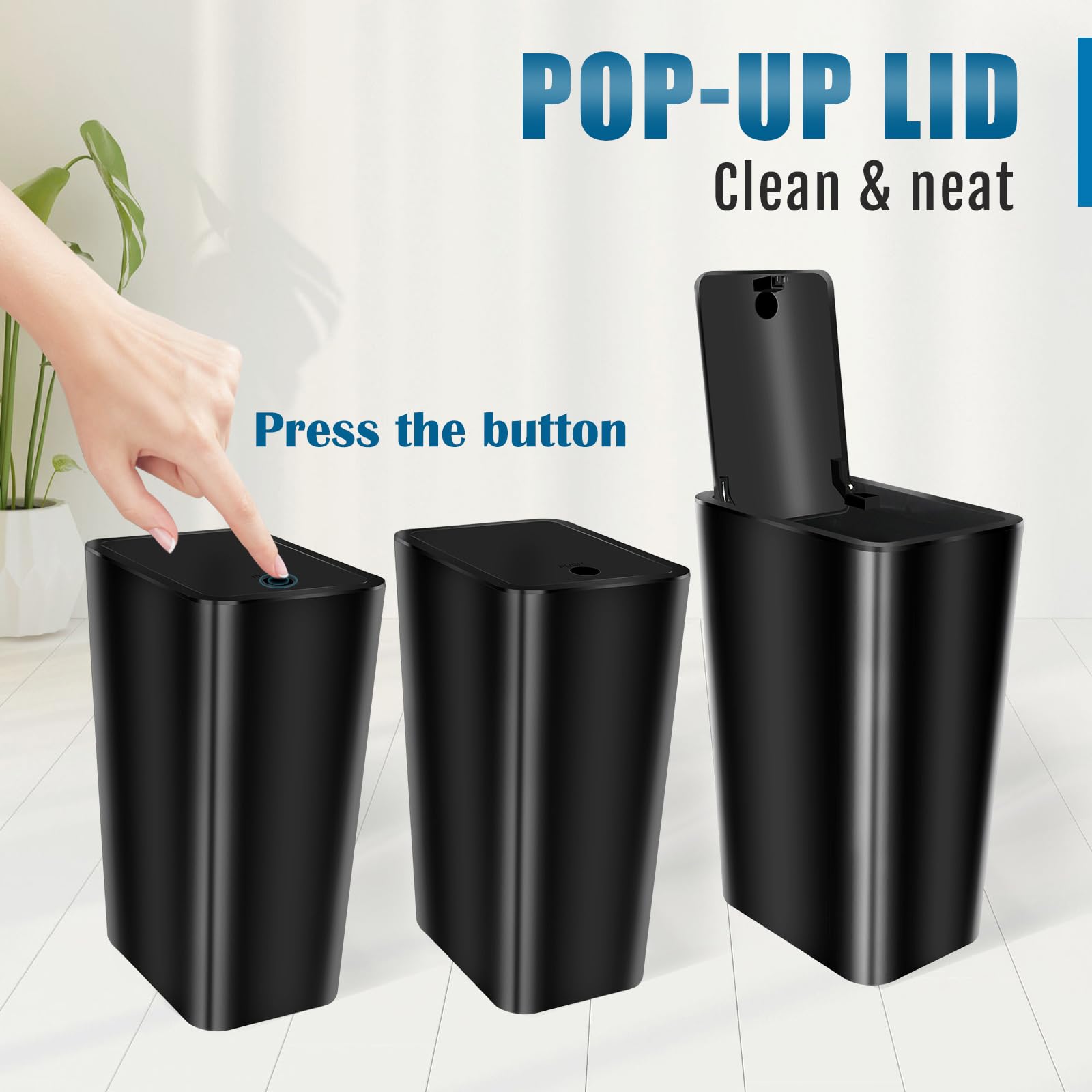 Cheardia 3 Pack Bathroom Trash Can, 3 Gallon and 2.3 Gallon Plastic Slim Garbage Bin Wastebasket, Trashcan with Pop-Up Lid for Kitchen Office Cabinet Sink, Black