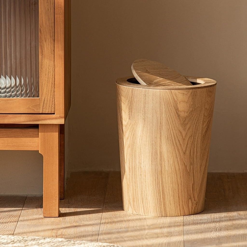 MOOTEK Round Wood Trash Can with Lid, Japanese-Style Natural Wood Garbage Recycling Bin, Wood Waste Bin with Swing Lid, for Bathrooms, Powder Room, Kitchen, Home Office