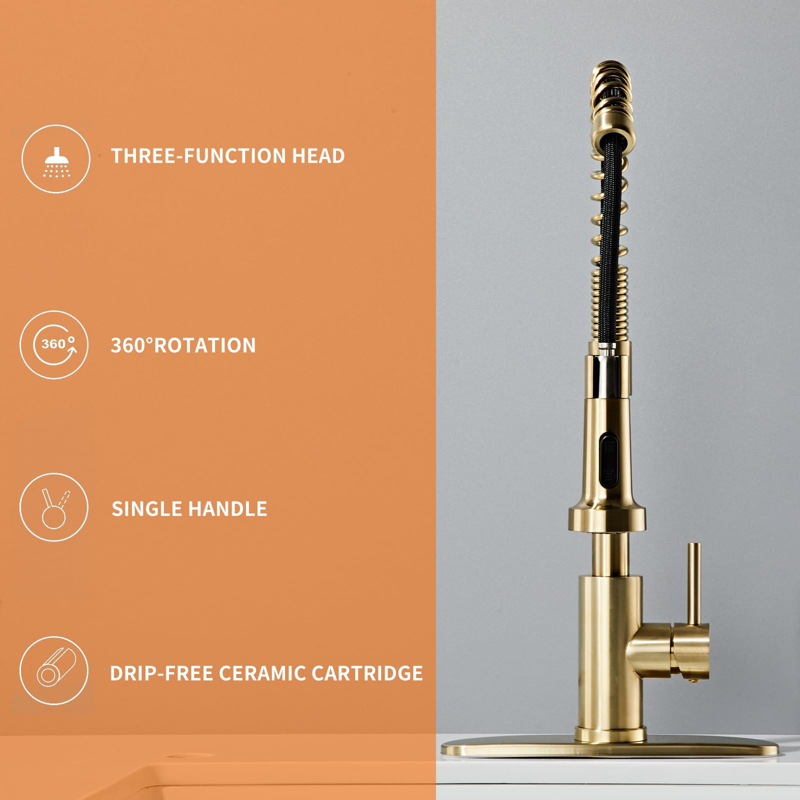 Brushed Gold Kitchen Faucet with Pull Down Sprayer, RV Brass Kitchen Faucet Stainless Steel Single Handle Spring Faucet with Deck Plate for Farmhouse Utility bar Laundry Sinks,Grifos De Cocina