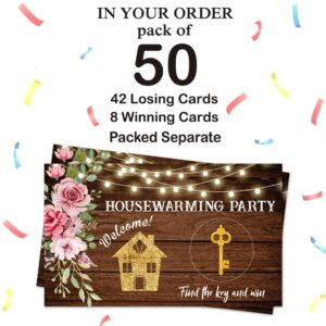 Haizct 50 Pack Housewarming Scratch Off Game, Wood Grain Key Scratch Card for Rustic New Home New House, Housewarming Party Game Card Lottery Game Group Game, Bridal Shower Activity and Idea