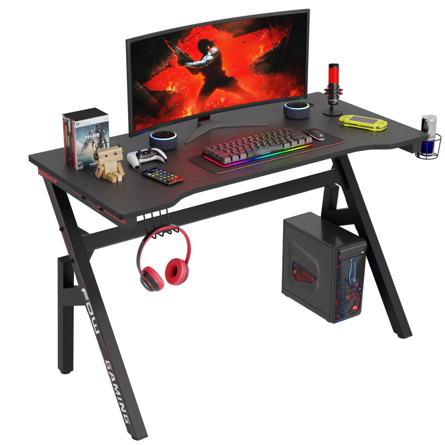 PayLessHere 47 Inch Gaming Desk PC Carbon Fiber Table Ultimate Gamer Workstation with Cup Holder & Headphone Hook for Home Office,Red