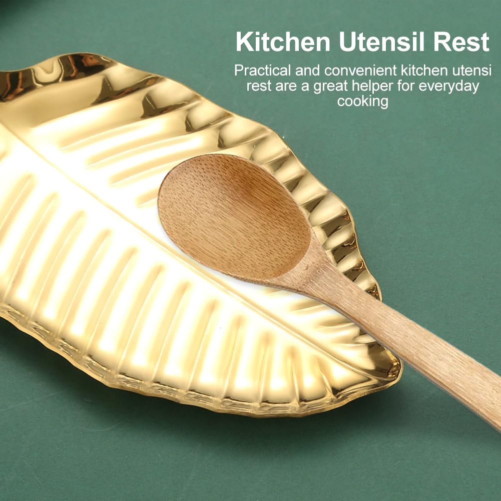 Gold Spoon Rest for Kitchen Counter, Leaf Spoon Rest Stainless Steel Spoon Holder for Stove Top, Spatula Spoon Ladle Utensil Holder Brings a Natural Touch to Your Kitchen(Gold Color)