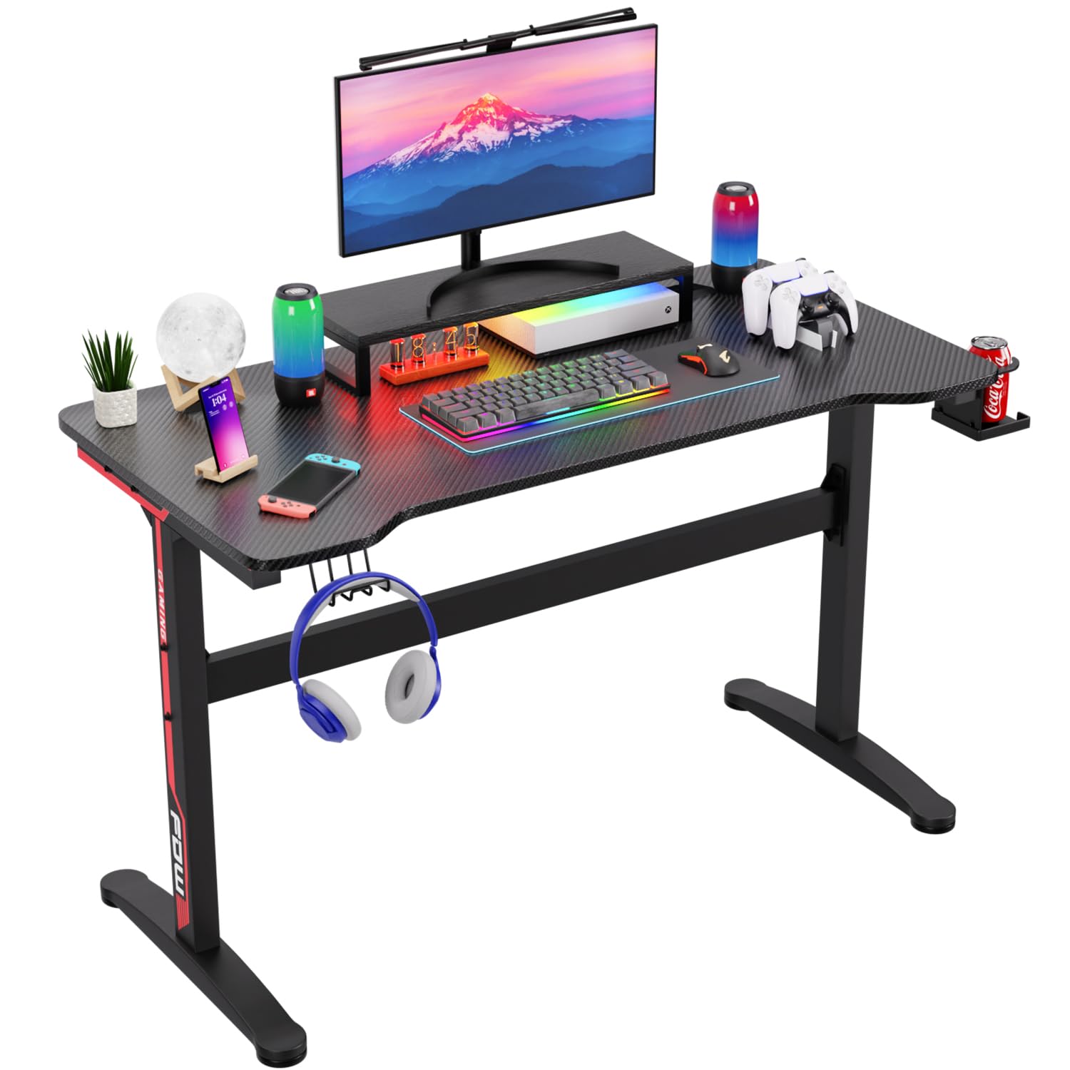 PayLessHere 47 Inch Computer Desk Gaming Desk T-Shape Office Desk Large Modern Ergonomic Racing Style Table Gaming Workstation for Home Office with Cup Holder Headphone Hook