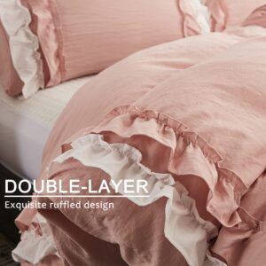 Wotcsil Pink Ruffle Bedding Set for Women Girls Ruffled Full Duvet Cover Set Plain Duvet Cover Shabby Chic Double-Layer Frill Edge Design with Pillowcases, White Pink