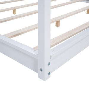 King Size Canopy Bed Frame, Wood Floor Bed with 4 Poster and Wooden Slats Support, No Box Spring Needed, White