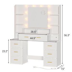 HAUOMS Makeup Vanities with Mirror and Lights, 10x Magnifying Mirror & Power Outlets, Glass Top Vanity Desk with 8 Drawers & 6 Shelves, 3 Light Settings for Women, Modern White