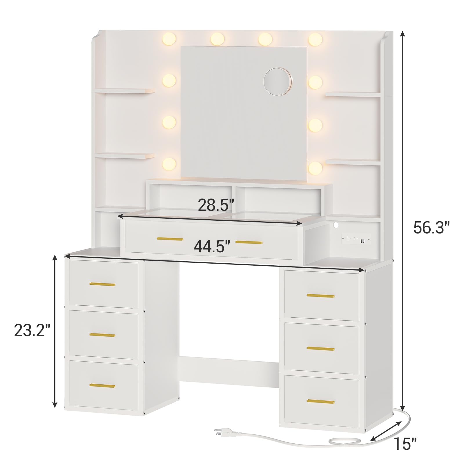 HAUOMS Makeup Vanities with Mirror and Lights, 10x Magnifying Mirror & Power Outlets, Glass Top Vanity Desk with 8 Drawers & 6 Shelves, 3 Light Settings for Women, Modern White