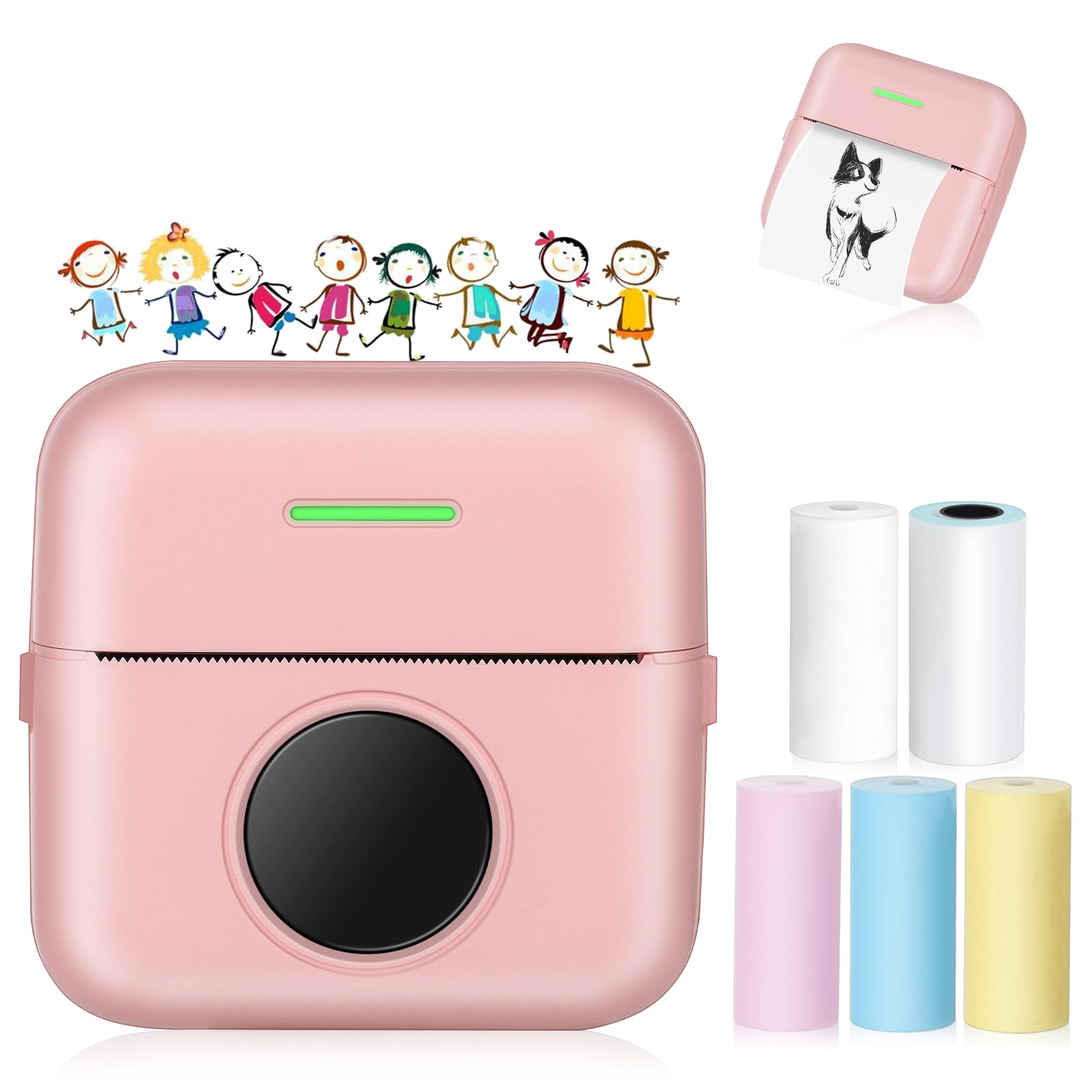 Bakoor Portable Printer, Sticker Printer with 5 Rolls Thermal Paper, Gift for Kids, Friends, Monochrome Printer for Pictures, Photos, Journals, DIY, Compatible with Android or iOS APP