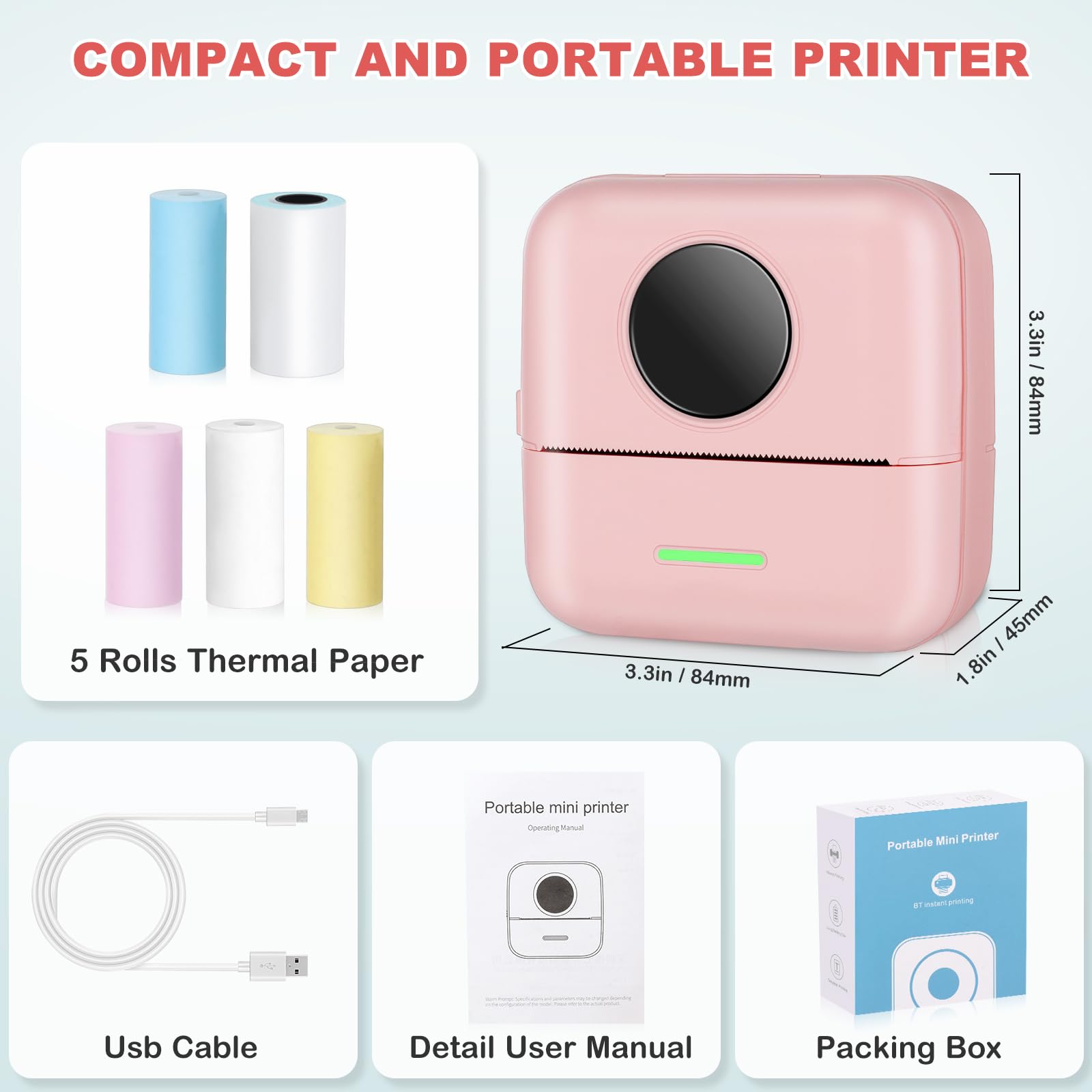 Bakoor Portable Printer, Sticker Printer with 5 Rolls Thermal Paper, Gift for Kids, Friends, Monochrome Printer for Pictures, Photos, Journals, DIY, Compatible with Android or iOS APP