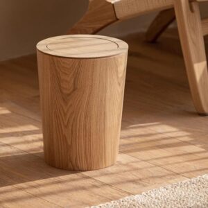 MOOTEK Round Wood Trash Can with Lid, Japanese-Style Natural Wood Garbage Recycling Bin, Wood Waste Bin with Swing Lid, for Bathrooms, Powder Room, Kitchen, Home Office