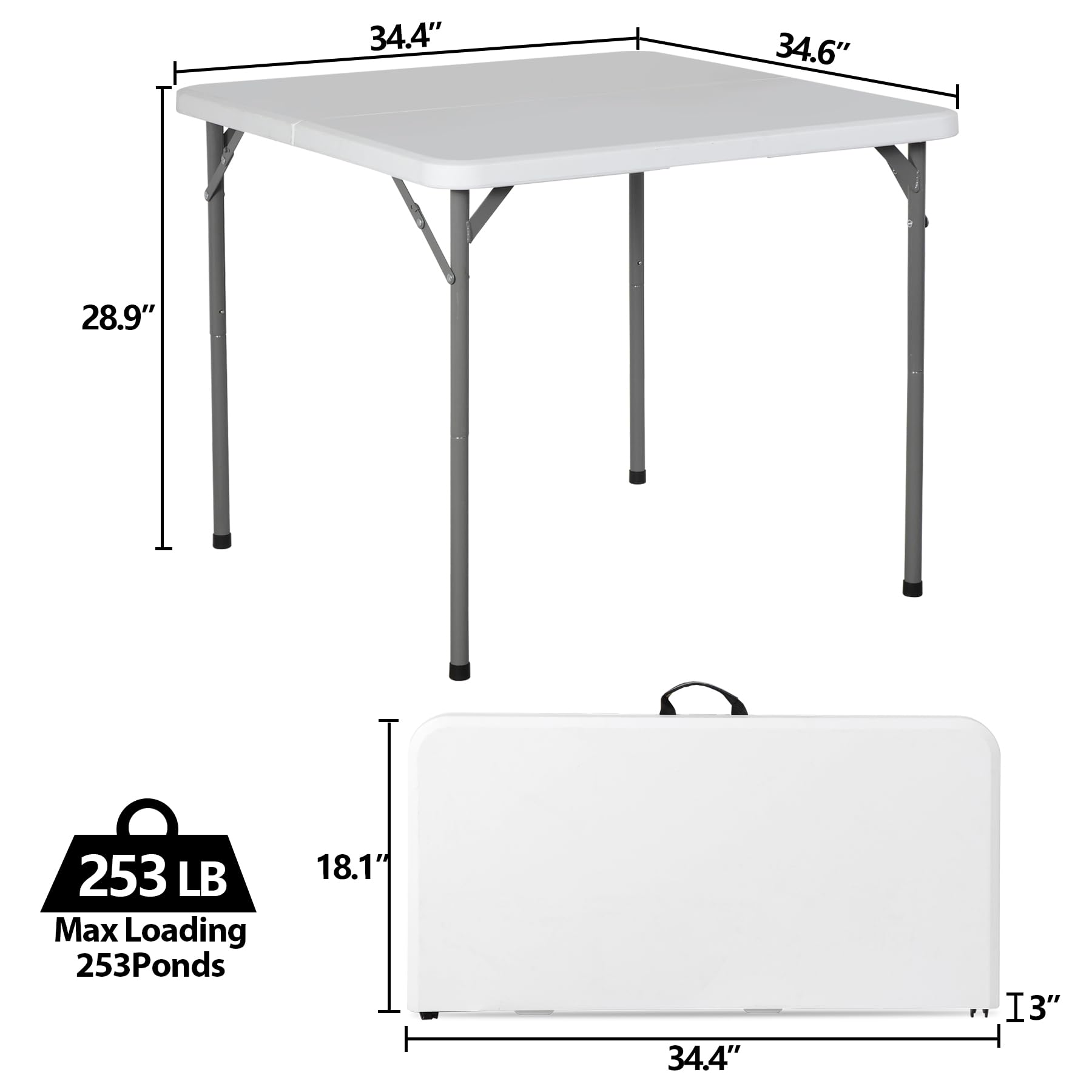 SUPER DEAL 3 Foot Square Folding Card Table, Indoor Outdoor Portable Plastic Heavy Duty Fold-in-Half Kitchen or Camping Picnic Party Table with Carrying Handle, White