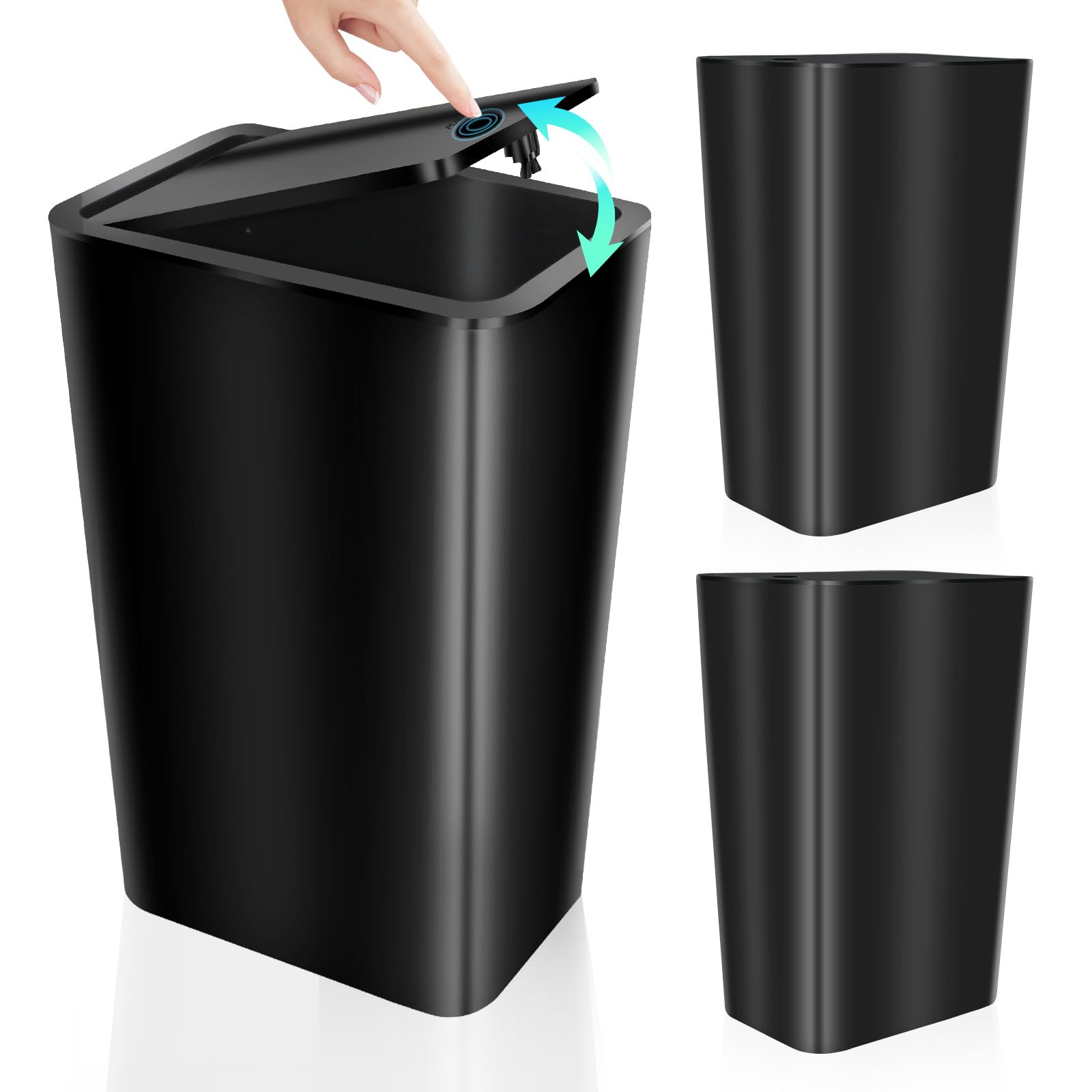 Cheardia 3 Pack Bathroom Trash Can, 3 Gallon and 2.3 Gallon Plastic Slim Garbage Bin Wastebasket, Trashcan with Pop-Up Lid for Kitchen Office Cabinet Sink, Black