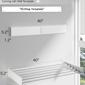 Vikaqi Wall Mounted Clothes Drying Rack 40 inches, Foldable Wall Mount Laundry Drying Rack Folding Indoor, Drying Rack Clothing Collapsible, Towel Drying Rack with Wall Template, 6 Rods, White