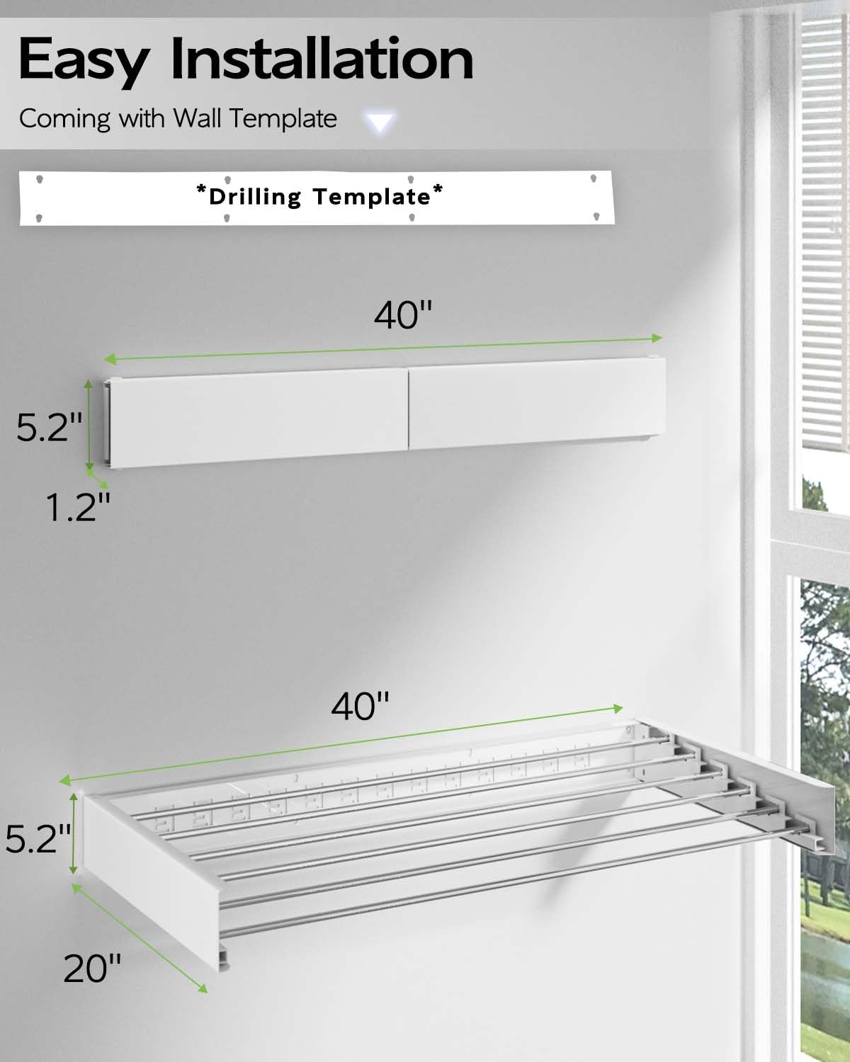 Vikaqi Wall Mounted Clothes Drying Rack 40 inches, Foldable Wall Mount Laundry Drying Rack Folding Indoor, Drying Rack Clothing Collapsible, Towel Drying Rack with Wall Template, 6 Rods, White