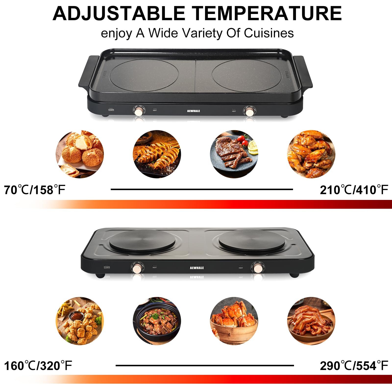 AEWHALE Portable Double Electric Burner with Removable Cast Aluminium Griddle Pan Non-stick,1800 W Hot Plate for Cooking, Independent Temperature Control for Family Party