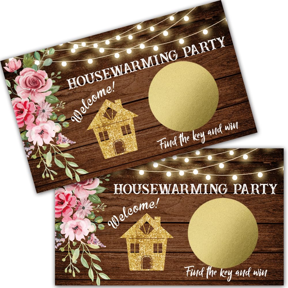 Haizct 50 Pack Housewarming Scratch Off Game, Wood Grain Key Scratch Card for Rustic New Home New House, Housewarming Party Game Card Lottery Game Group Game, Bridal Shower Activity and Idea