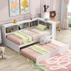 horunzelin twin size daybed with trundle, storage cabinets and charging station, pine wood l shaped bookcase bed platform bed with shelves for kids boys girls, white