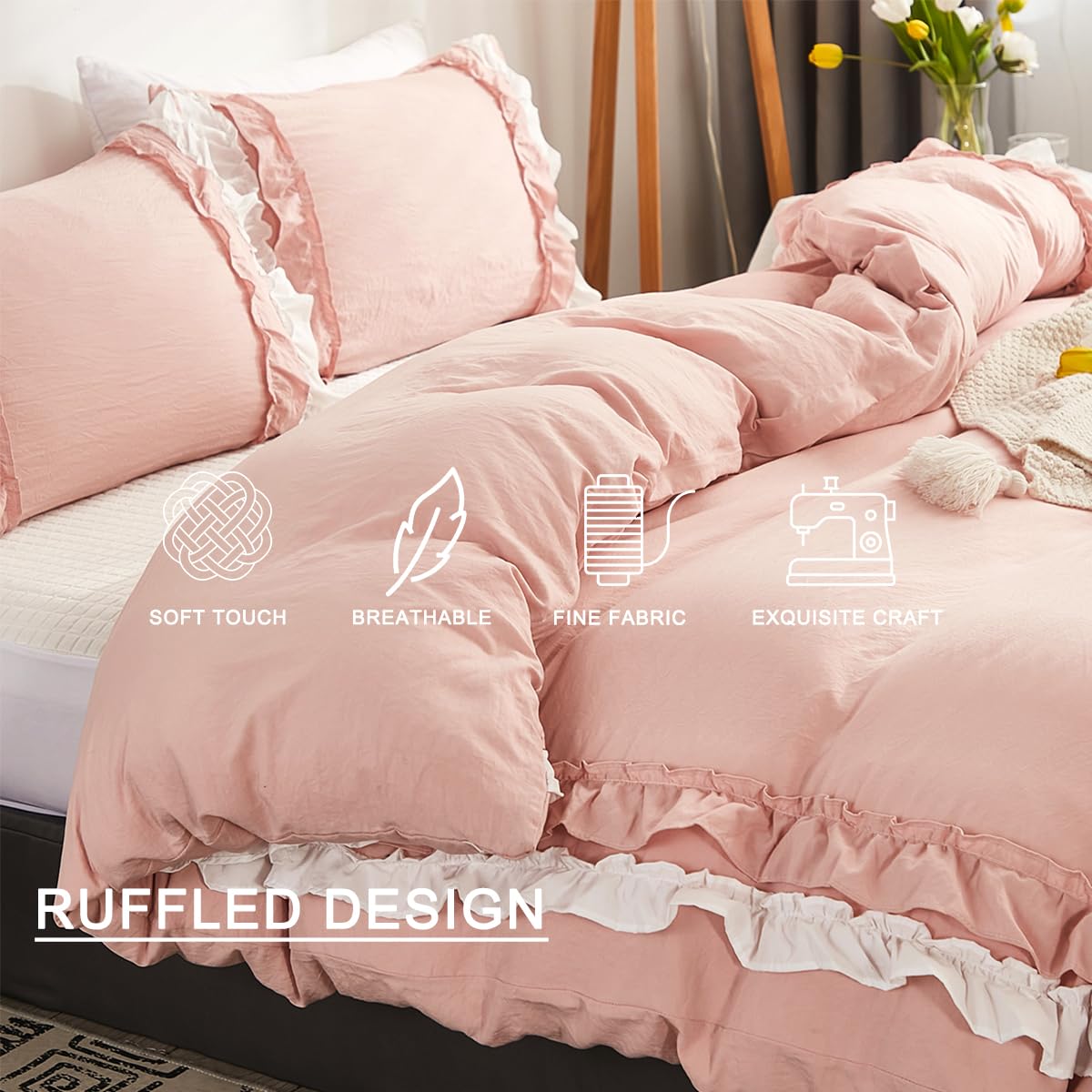 Wotcsil Pink Ruffle Bedding Set for Women Girls Ruffled Full Duvet Cover Set Plain Duvet Cover Shabby Chic Double-Layer Frill Edge Design with Pillowcases, White Pink